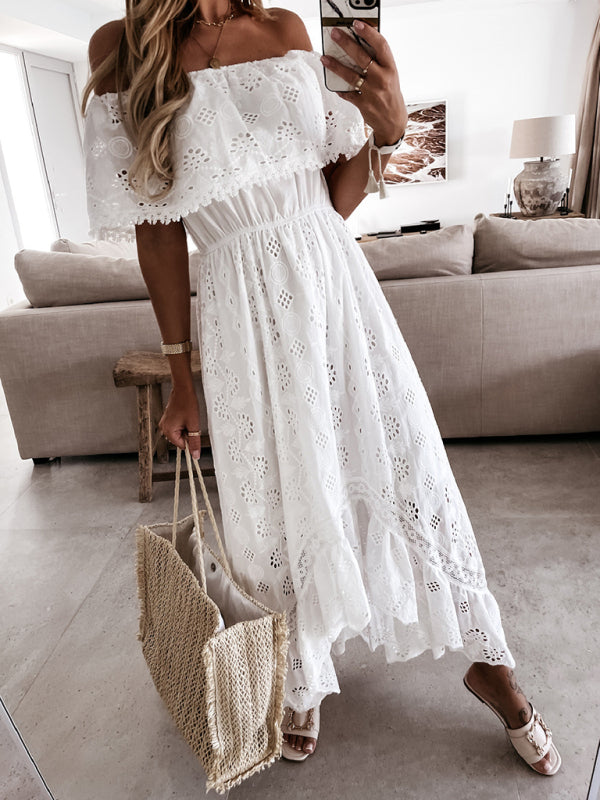 Women's White Boho Lace Off Shoulder Maxi Dress