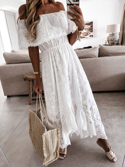 Women's White Boho Lace Off Shoulder Maxi Dress