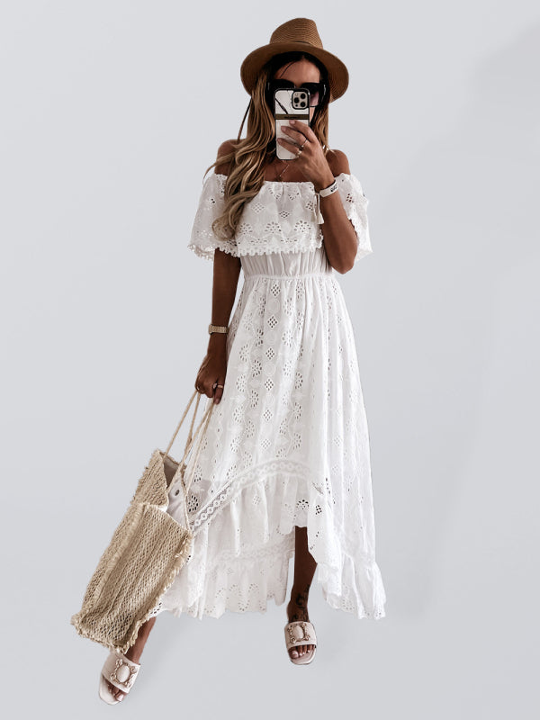 Women's White Boho Lace Off Shoulder Maxi Dress