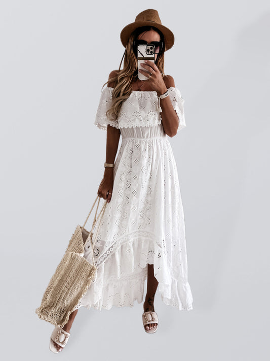 Women's White Boho Lace Off Shoulder Maxi Dress