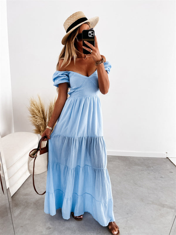 Boho and Trendy Short-Sleeved off-the-shoulder Sexy Backless strappy High-Waisted Dress