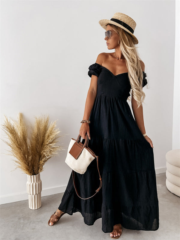 Boho and Trendy Short-Sleeved off-the-shoulder Sexy Backless strappy High-Waisted Dress