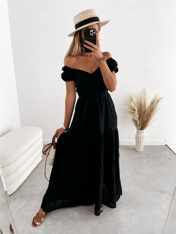 Boho and Trendy Short-Sleeved off-the-shoulder Sexy Backless strappy High-Waisted Dress