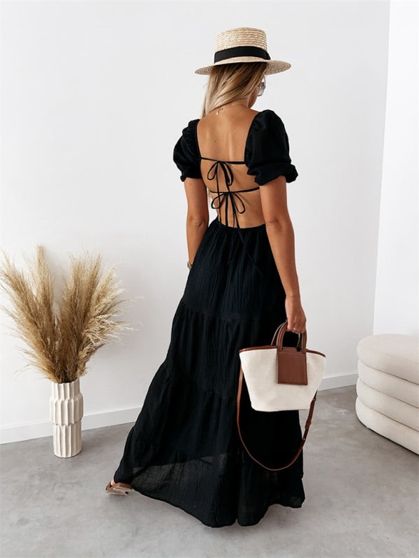 Boho and Trendy Short-Sleeved off-the-shoulder Sexy Backless strappy High-Waisted Dress