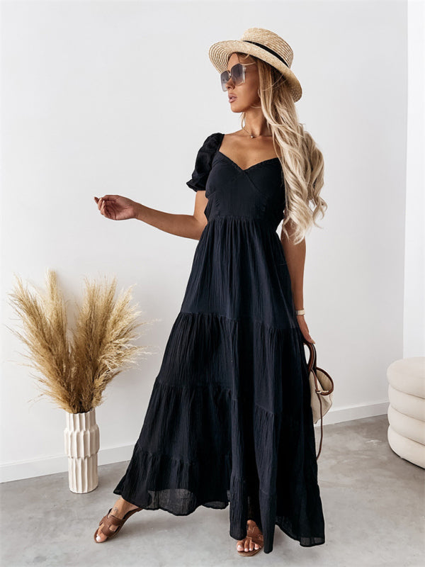 Boho and Trendy Short-Sleeved off-the-shoulder Sexy Backless strappy High-Waisted Dress