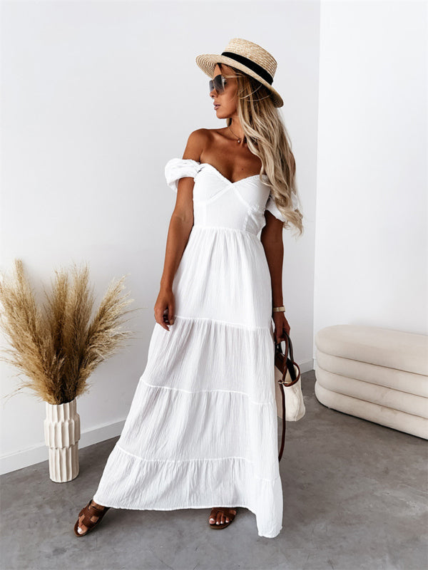 Boho and Trendy Short-Sleeved off-the-shoulder Sexy Backless strappy High-Waisted Dress