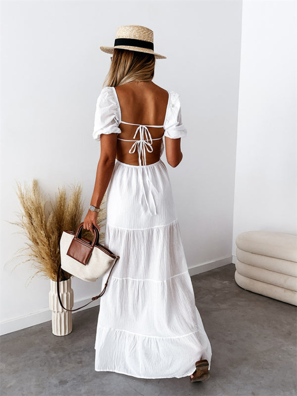 Boho and Trendy Short-Sleeved off-the-shoulder Sexy Backless strappy High-Waisted Dress