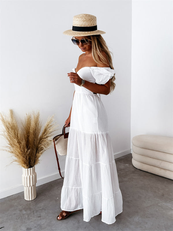 Boho and Trendy Short-Sleeved off-the-shoulder Sexy Backless strappy High-Waisted Dress