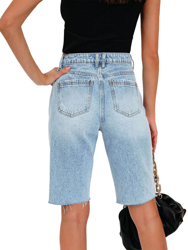 Women's Casual Stretch Long Ripped Denim Cropped Mom Shorts