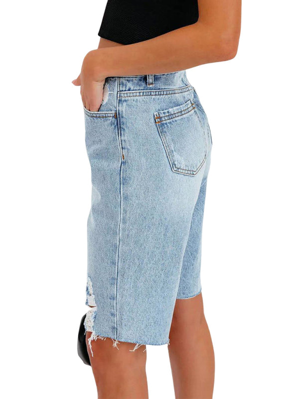Women's Casual Stretch Long Ripped Denim Cropped Mom Shorts