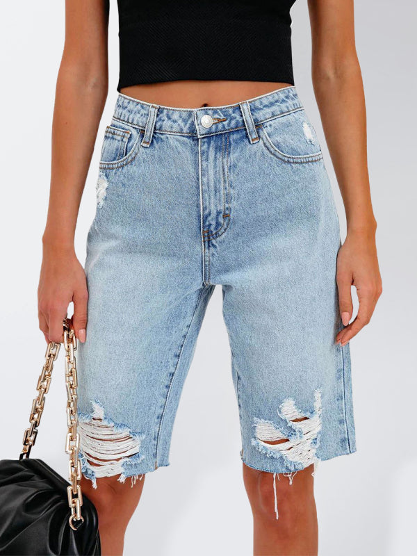 Women's Casual Stretch Long Ripped Denim Cropped Mom Shorts