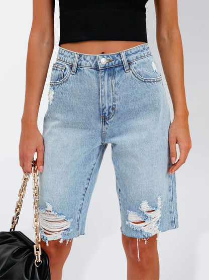Women's Casual Stretch Long Ripped Denim Cropped Mom Shorts