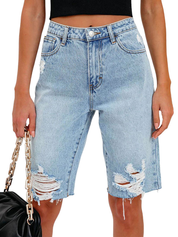 Women's Casual Stretch Long Ripped Denim Cropped Mom Shorts