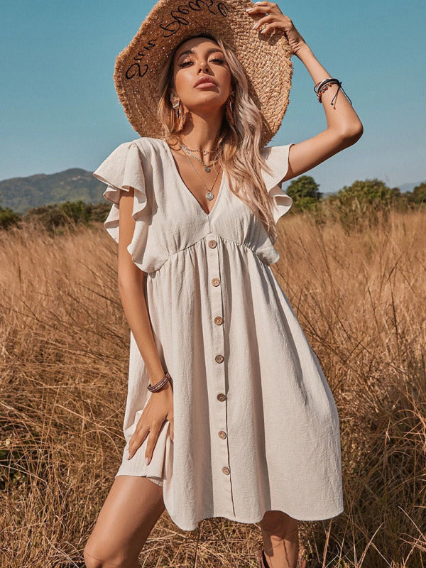 Woven V-Neck Button Up A-line Swing Dress