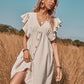 Woven V-Neck Button Up A-line Swing Dress