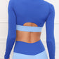 Women's Contrast Stitching Fitness Sports Yoga Bra Cut Out Zipper Front Long Sleeve Top
