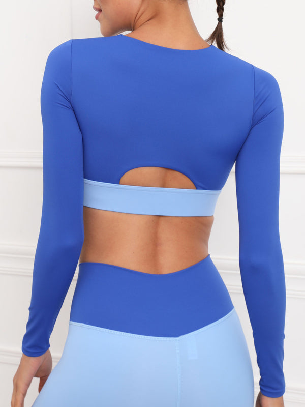 Women's Contrast Stitching Fitness Sports Yoga Bra Cut Out Zipper Front Long Sleeve Top