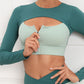 Women's Contrast Stitching Fitness Sports Yoga Bra Cut Out Zipper Front Long Sleeve Top