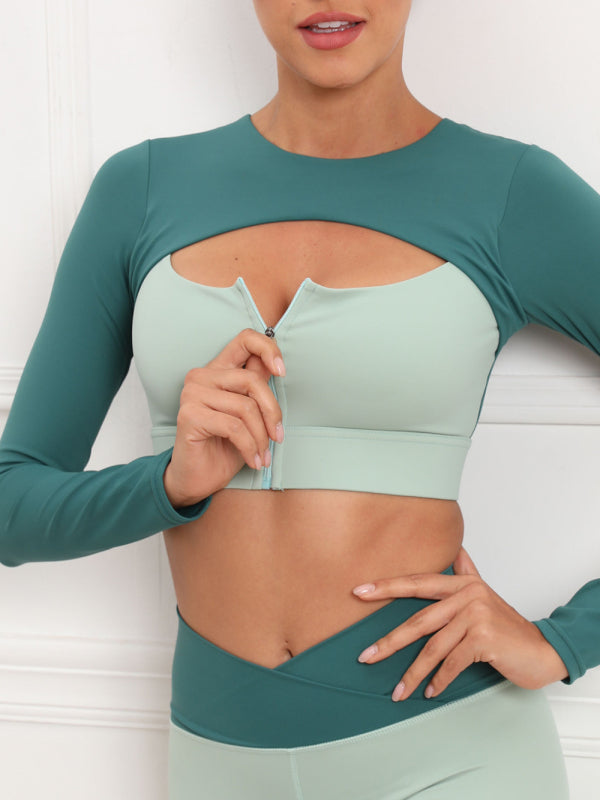 Women's Contrast Stitching Fitness Sports Yoga Bra Cut Out Zipper Front Long Sleeve Top