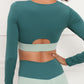Women's Contrast Stitching Fitness Sports Yoga Bra Cut Out Zipper Front Long Sleeve Top