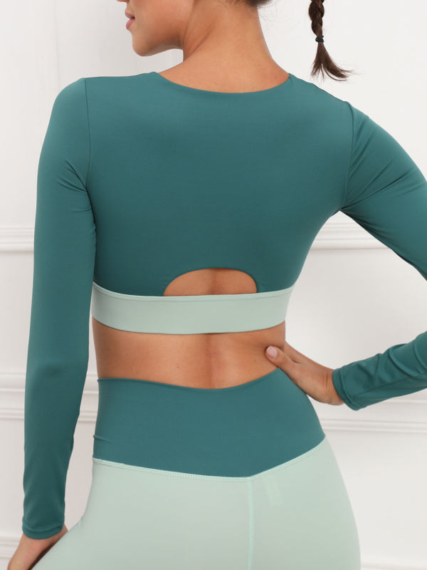 Women's Contrast Stitching Fitness Sports Yoga Bra Cut Out Zipper Front Long Sleeve Top