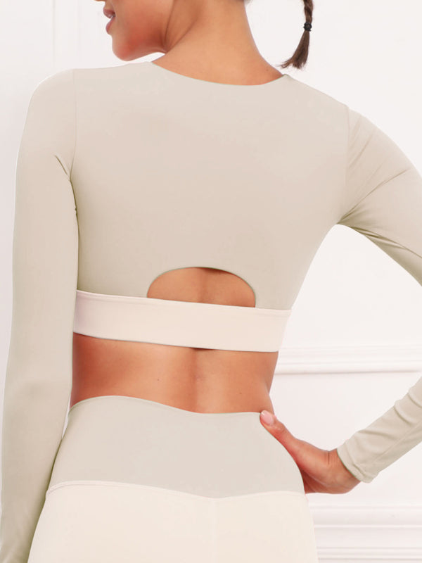 Women's Contrast Stitching Fitness Sports Yoga Bra Cut Out Zipper Front Long Sleeve Top