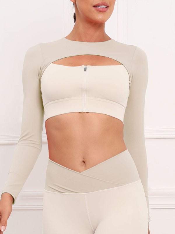 Women's Contrast Stitching Fitness Sports Yoga Bra Cut Out Zipper Front Long Sleeve Top