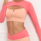 Women's Contrast Stitching Fitness Sports Yoga Bra Cut Out Zipper Front Long Sleeve Top