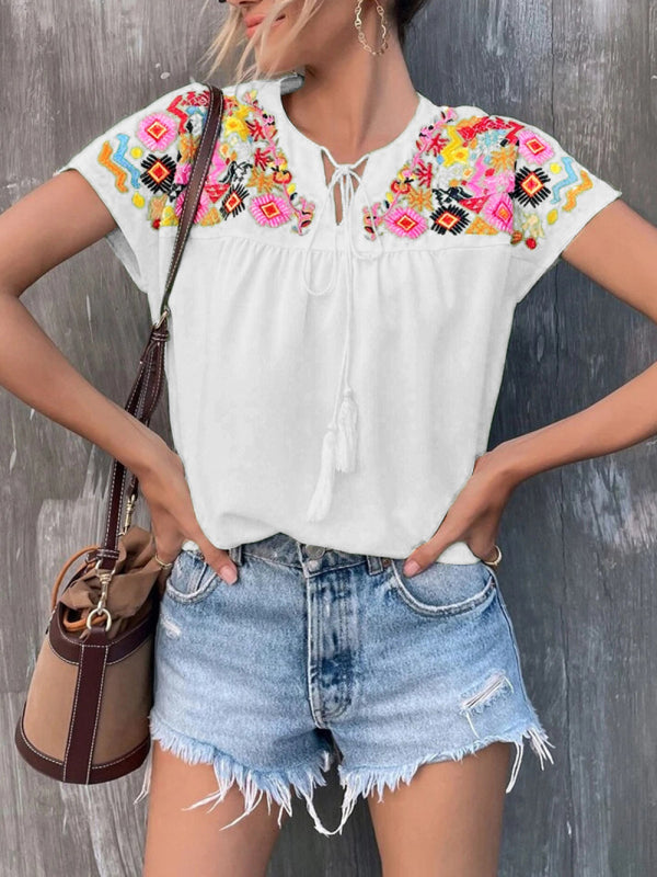 Embroidered Boho Native Tassel Tie Collar Batwing Sleeve Shirt