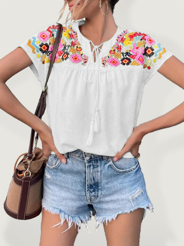 Embroidered Boho Native Tassel Tie Collar Batwing Sleeve Shirt