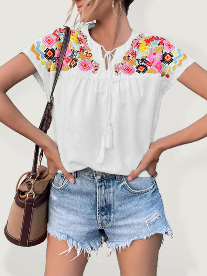 Embroidered Boho Native Tassel Tie Collar Batwing Sleeve Shirt