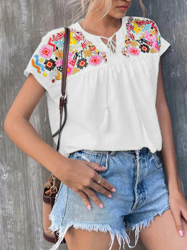 Embroidered Boho Native Tassel Tie Collar Batwing Sleeve Shirt