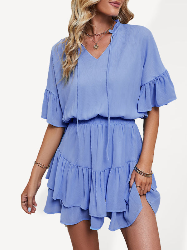 Women's Solid Color Bohemian Flutter Sleeve Ruffle Mini Dress