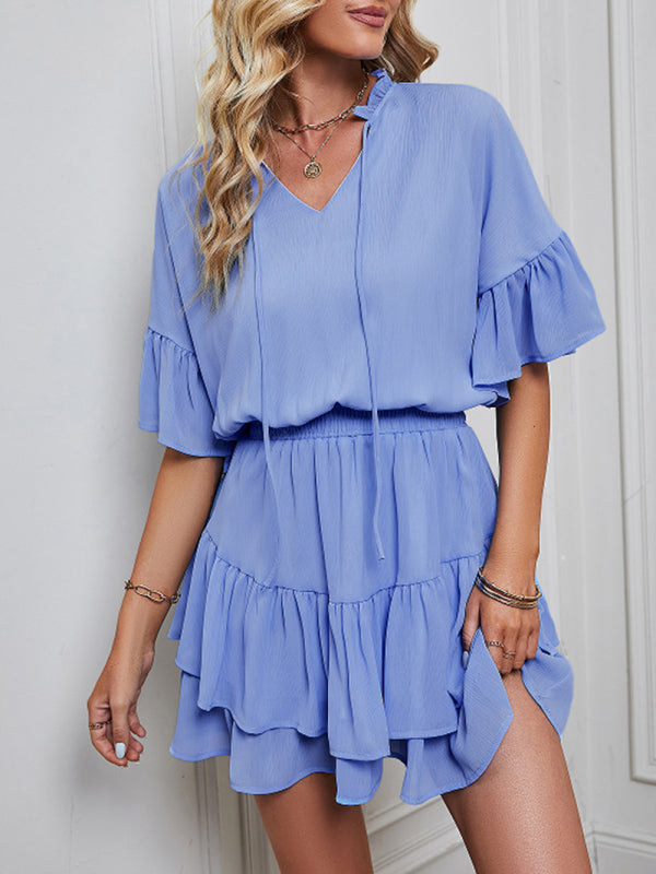 Women's Solid Color Bohemian Flutter Sleeve Ruffle Mini Dress