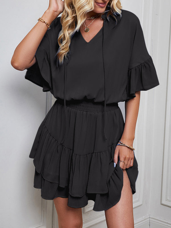 Women's Solid Color Bohemian Flutter Sleeve Ruffle Mini Dress