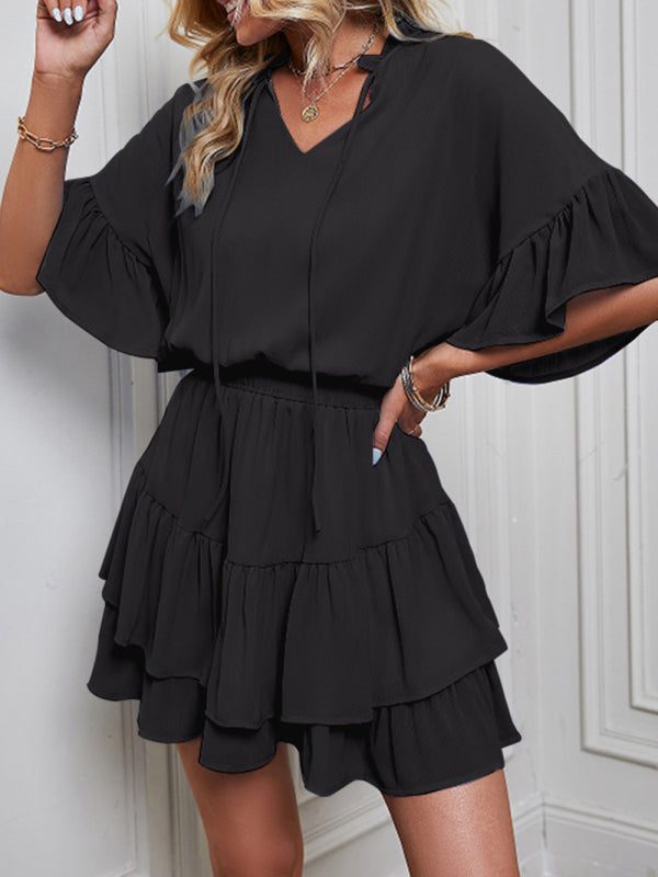 Women's Solid Color Bohemian Flutter Sleeve Ruffle Mini Dress