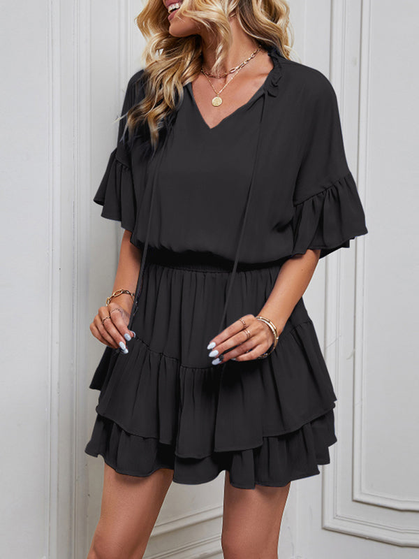 Women's Solid Color Bohemian Flutter Sleeve Ruffle Mini Dress