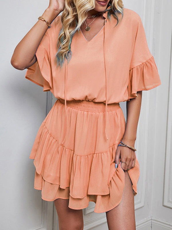 Women's Solid Color Bohemian Flutter Sleeve Ruffle Mini Dress