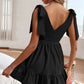 Black Flirty Deep V Neck Bow Shoulder Ruffle Hem Mini Dress