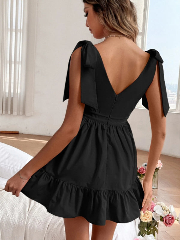 Black Flirty Deep V Neck Bow Shoulder Ruffle Hem Mini Dress