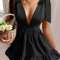 Black Flirty Deep V Neck Bow Shoulder Ruffle Hem Mini Dress