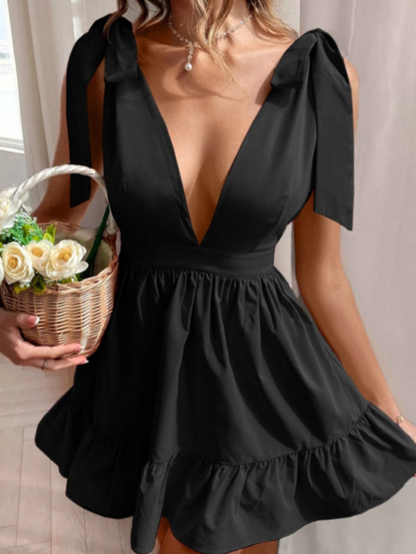 Black Flirty Deep V Neck Bow Shoulder Ruffle Hem Mini Dress