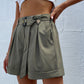 Pleated Button Solid Color High Waist Belted Shorts