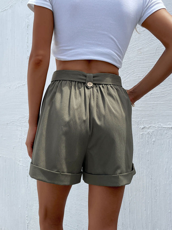 Pleated Button Solid Color High Waist Belted Shorts