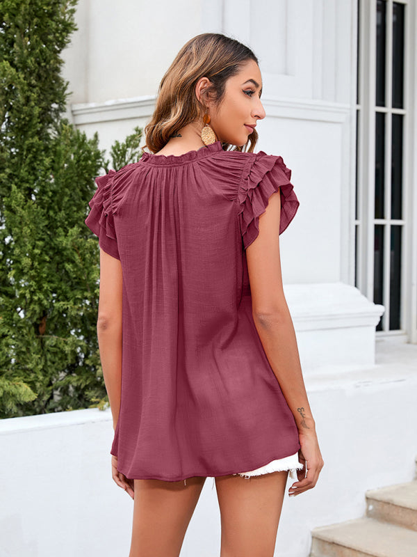 Bohemian Ruffle Sleeves Solid Color Top