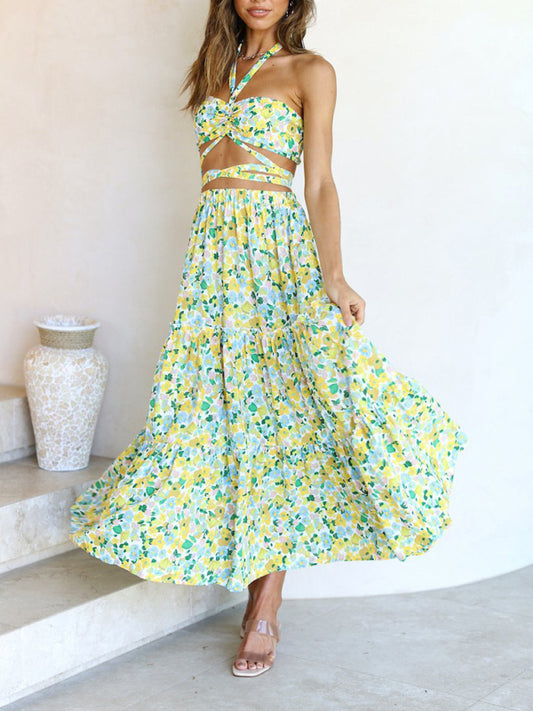 Bohemian Summer Sexy Wrapped Chest Printed Maxi Dress Set