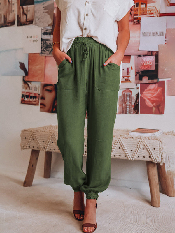 Solid Color Cotton Linen Drawstring Waist Casual Pants