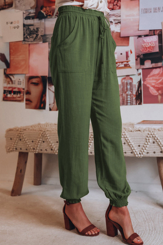 Solid Color Cotton Linen Drawstring Waist Casual Pants