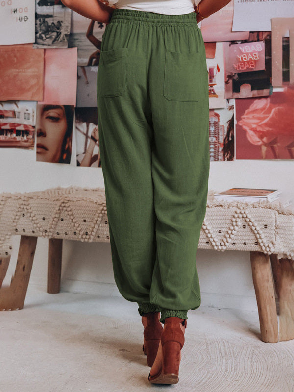 Solid Color Cotton Linen Drawstring Waist Casual Pants
