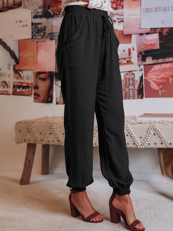 Solid Color Cotton Linen Drawstring Waist Casual Pants